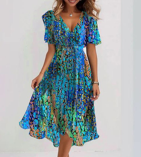Laura™ - Blauw Midi-jurk met Korte Mouwen