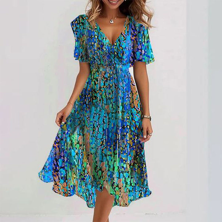 Laura™ - Blauw Midi-jurk met Korte Mouwen